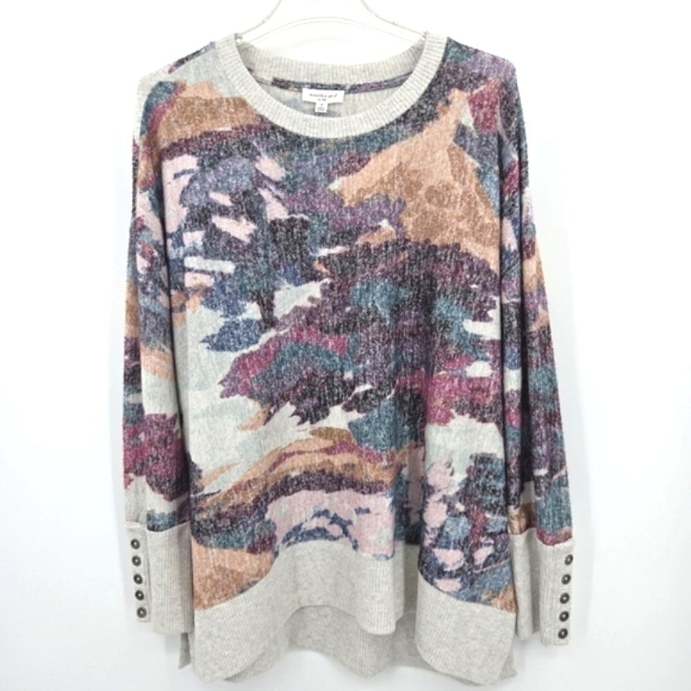 Westbound Knit Sweater Top Womens Size 1X Pink Grey Scenic Mountain Watercolor